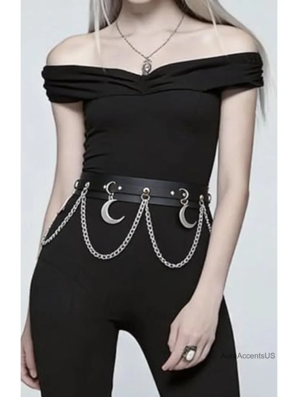 Faux Leather Chain Waist Belt with Moon Charm Punk Gothic